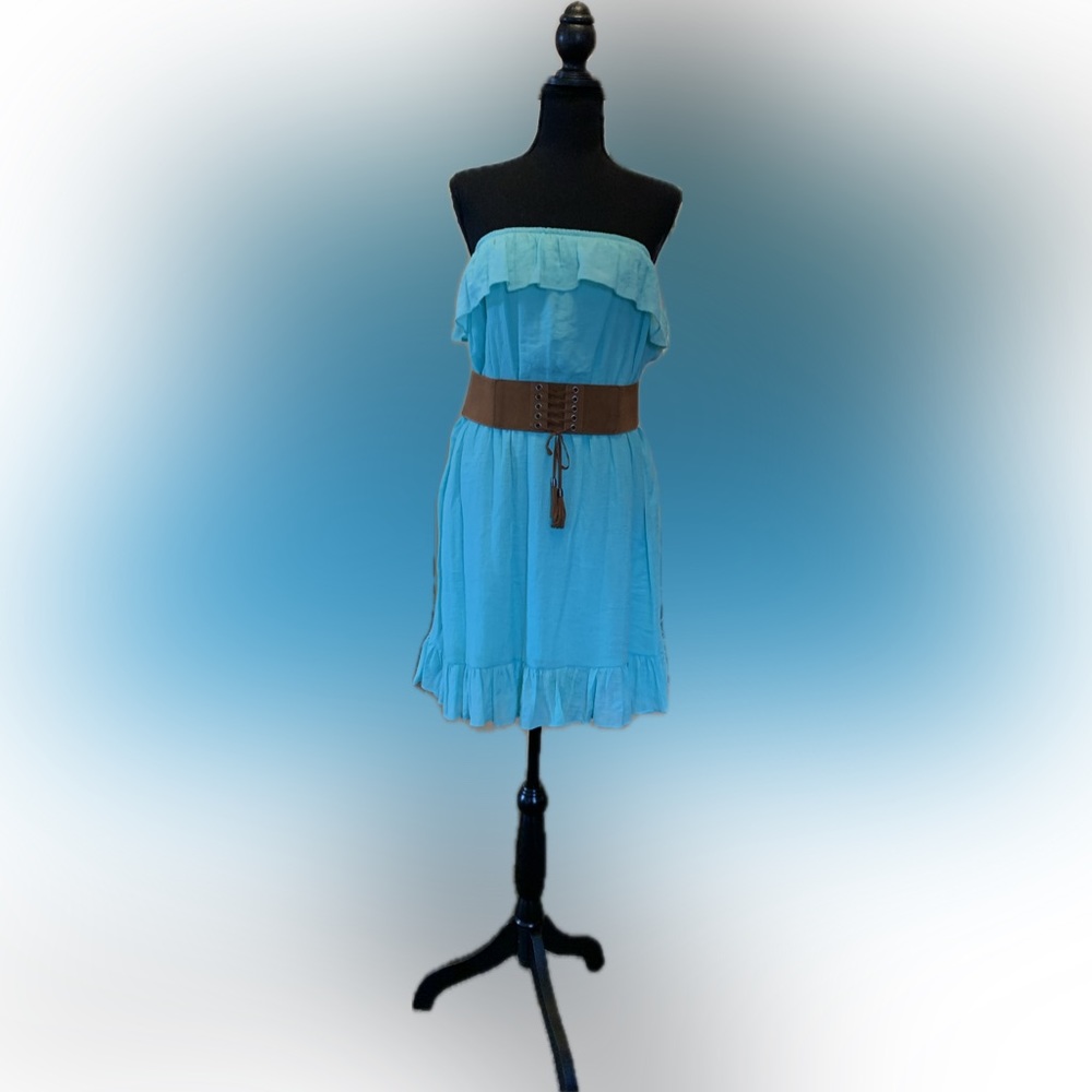 Women’s ruffle, baby doll, strapless, mini dress with belt, size Xlarge, teal